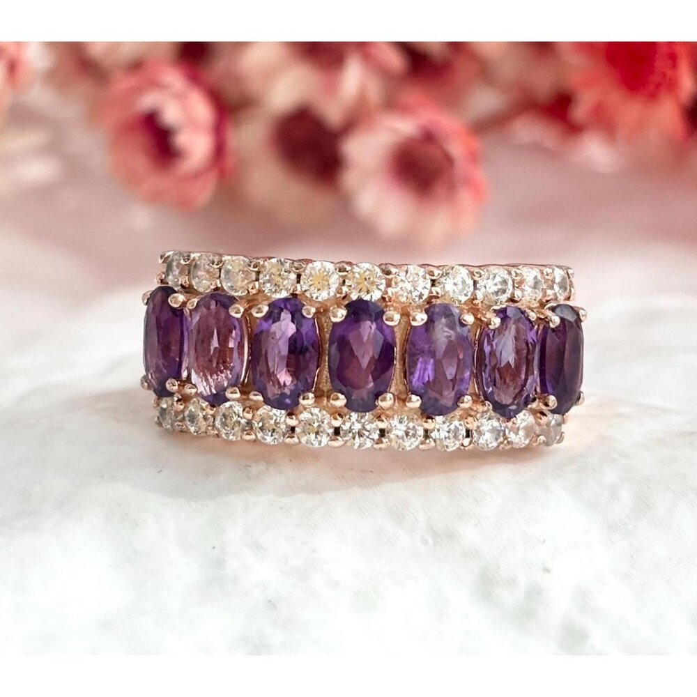 Faux Amethyst Clear Stone Rose Gold Toned Costume Jewelry Vintage Ring - sz 5.5